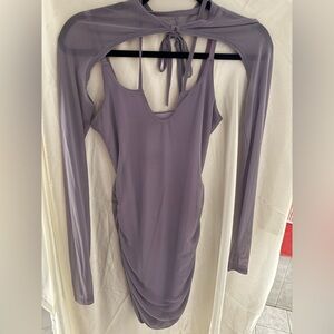 Lilac Sleeveless Ruched Bodycon Dress with Sheer Long-Sleeve Overlay